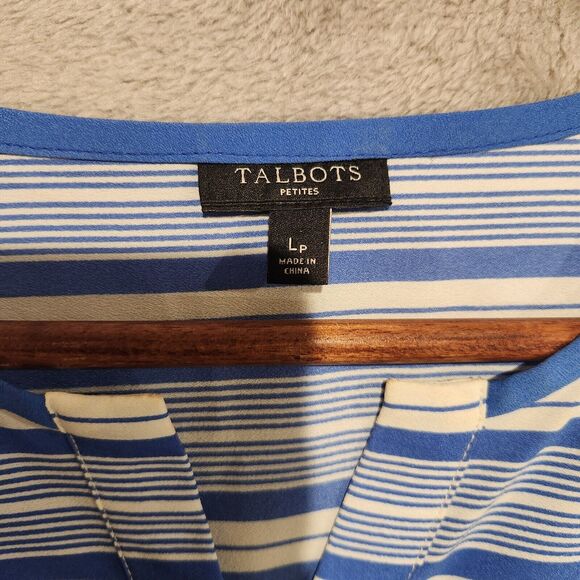 Talbots Blue White Striped Semi Sheer Split Neck Roll Tab Sleeve Blouse Size LP - Picture 6 of 10